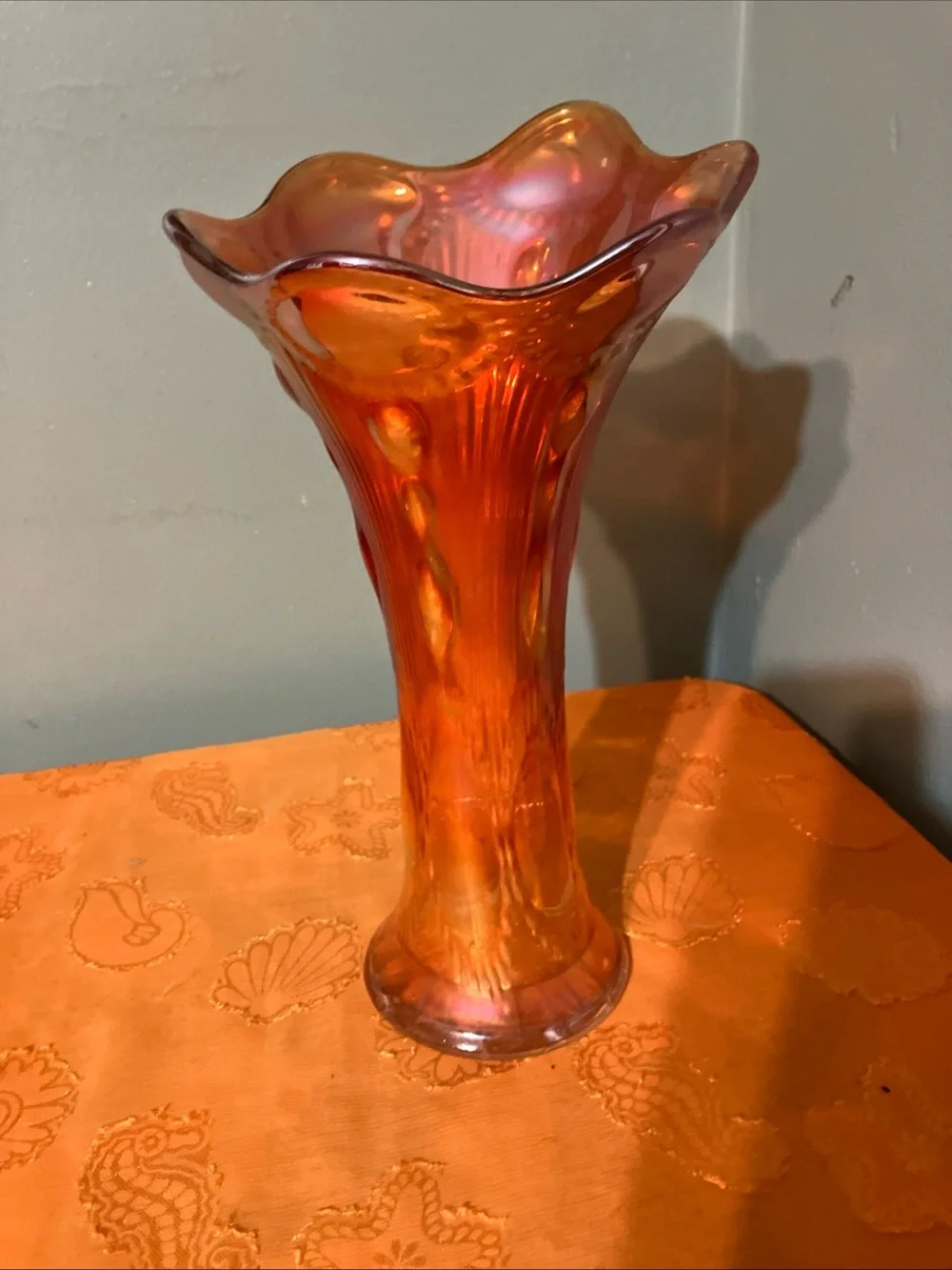 Vintage Marigold Imperial Carnival Glass Stretch Beaded & Ribbed Vase 10”